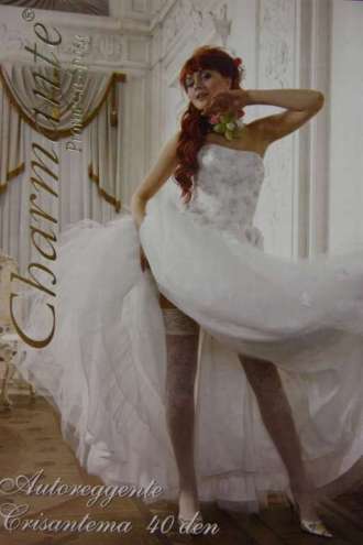 Чулки свадебные белые с кружевной коронкой на силиконовой поддержке с роскошным цветочным рисунком по всей длине ноги средняя резинка  40 ден Артикул: 808